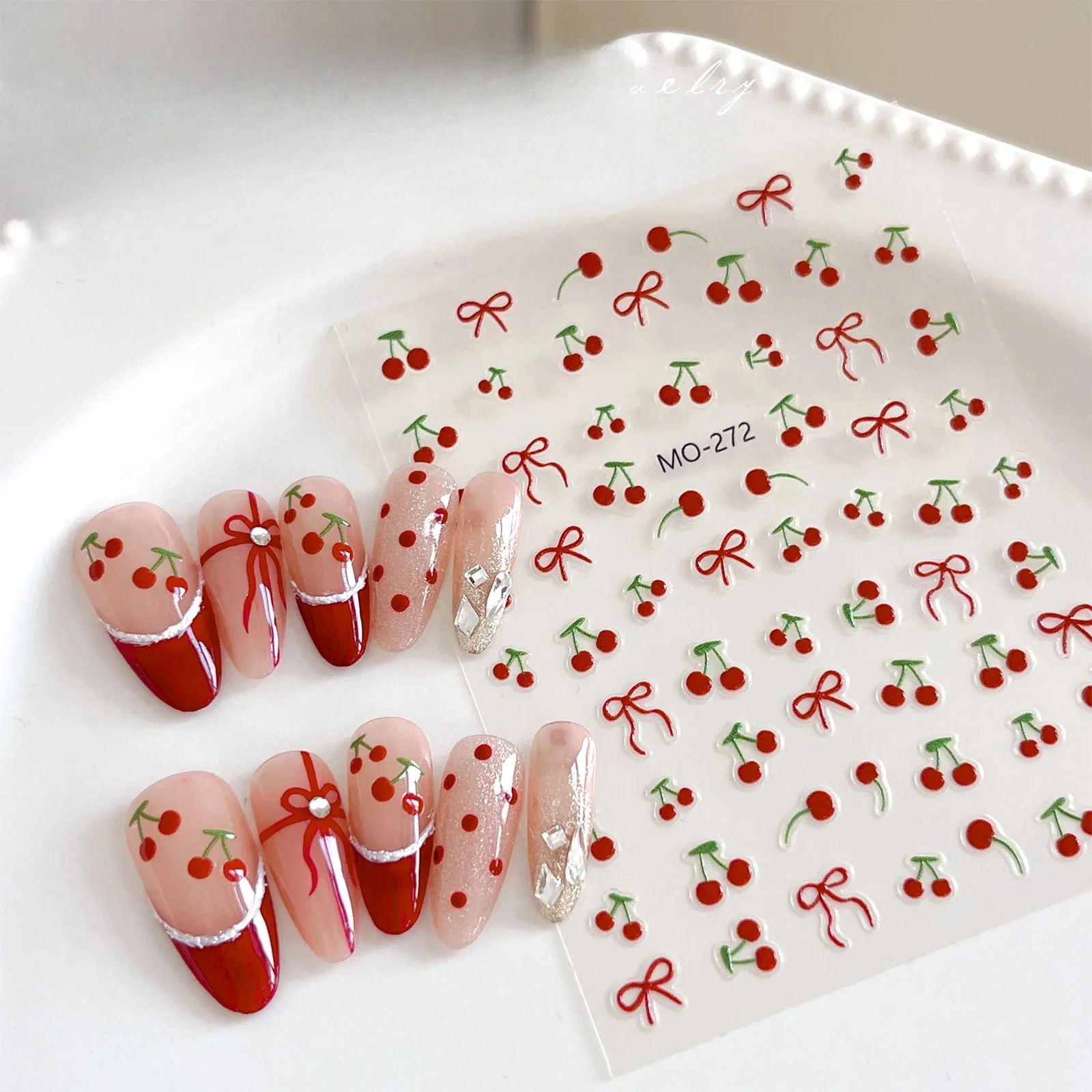 Kawaii Cherry Bow Nail Stickers 5D French Cute Red Bow Fruit Design Self Adhesive Decoration Nails Stickers DIY Nail Accessories