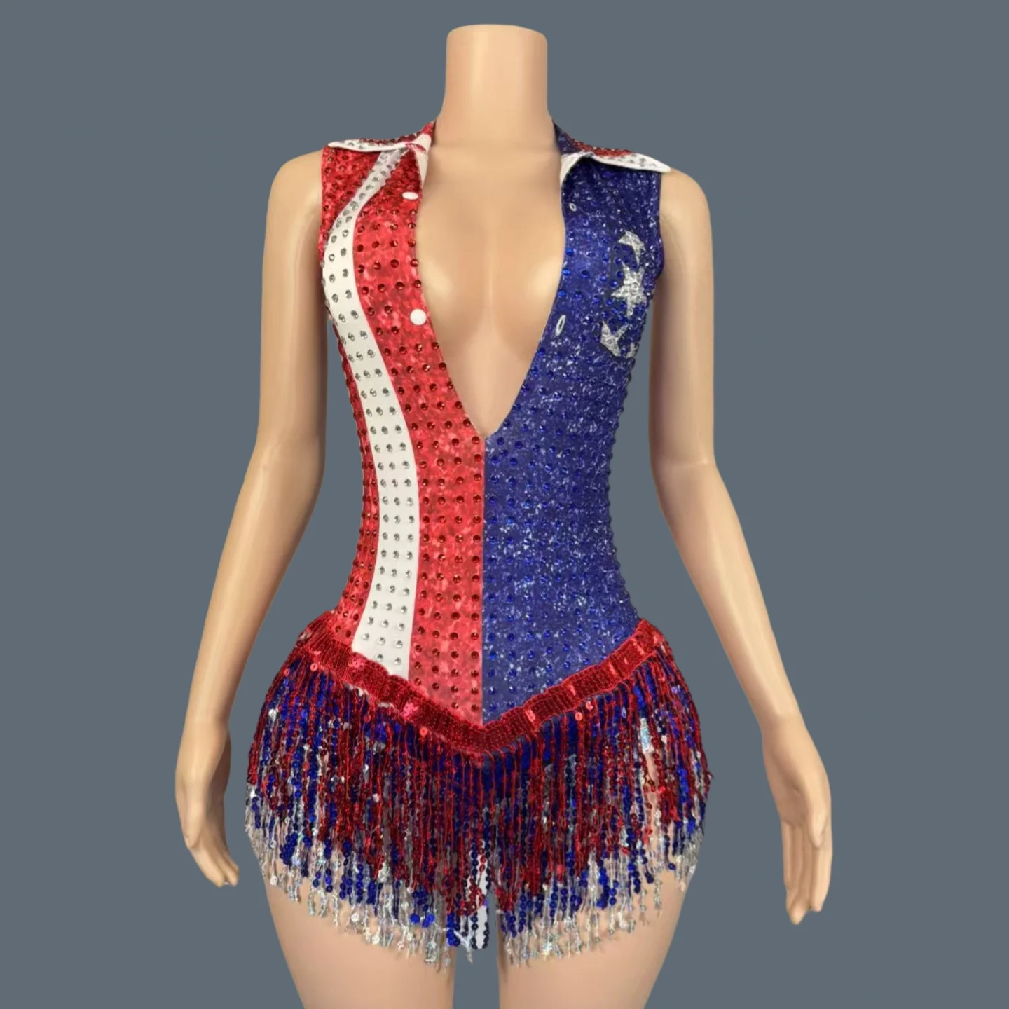 

Sparkly Rhinestone Sequins Tassel Bodysuit Cheering Squad Dance Wear Concert Party Outfit Club Deep V Neck gig Bodysuit Honglan