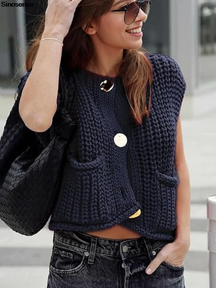 Women Sleeveless Crop Knit Cardigan Casual Daily Wear Going Out Date Cropped Button Down Open Front Sweater Vest With Pockets