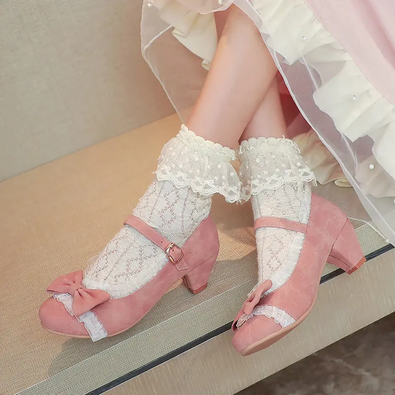 Girls High Heel Shoes Suede Round Toe Women Pumps Sweet Bowknot Ruffles Lolita Princess Cosplay Party Dress Shoes Big Size 34-48