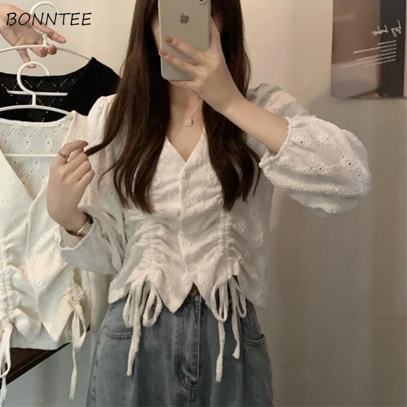 

Shirring Shirts Women Faddish All-match Casual Tops Summer Preppy Style Pleated Hollow Out Tender Creativity Literary Ulzzang