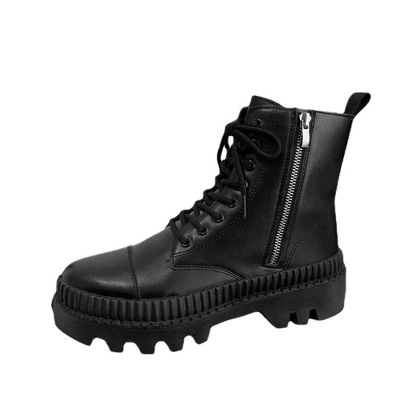 British Style Hightop Leather Boots Large Size 2022 Autumn and Winter Trend Side Zipper Boots Men Boots Motorcycle Tooling Boots