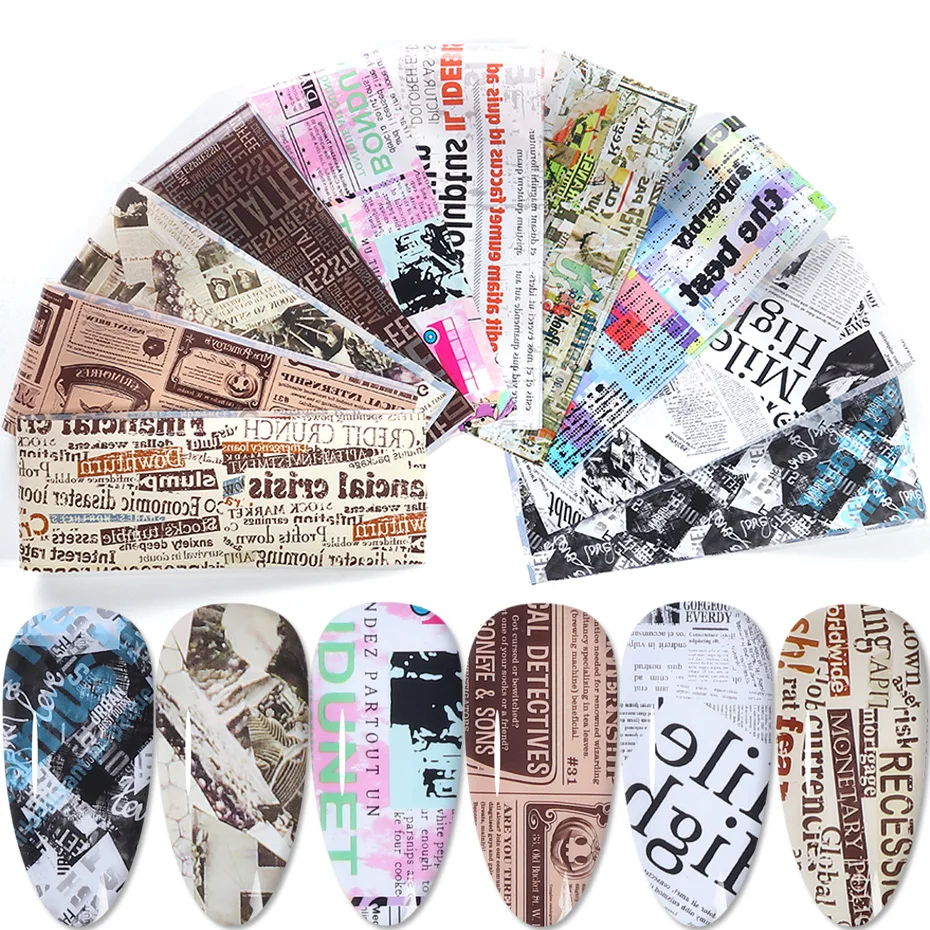 10pcs Vintage Newspaper Nail Foil Transfer Sticker Letters Ticket Map Decal 20*4cm Starry Paper Lacquer Wrap Decoration SA1565-1