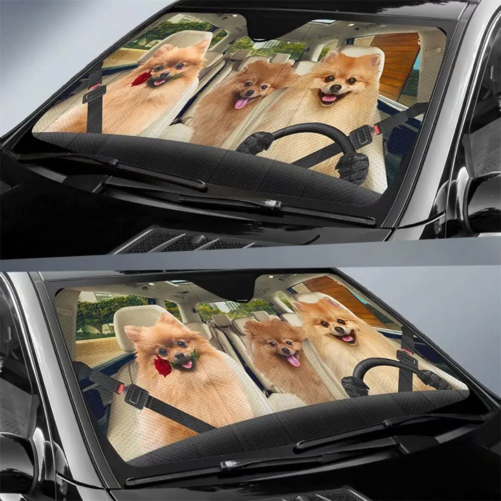 Pomeranian Puppy Car Sun Shade for Front Windshield, Funny Animal Curtain Sun Visor for Car Keep Your Vehicle Cool, UV Sun and H