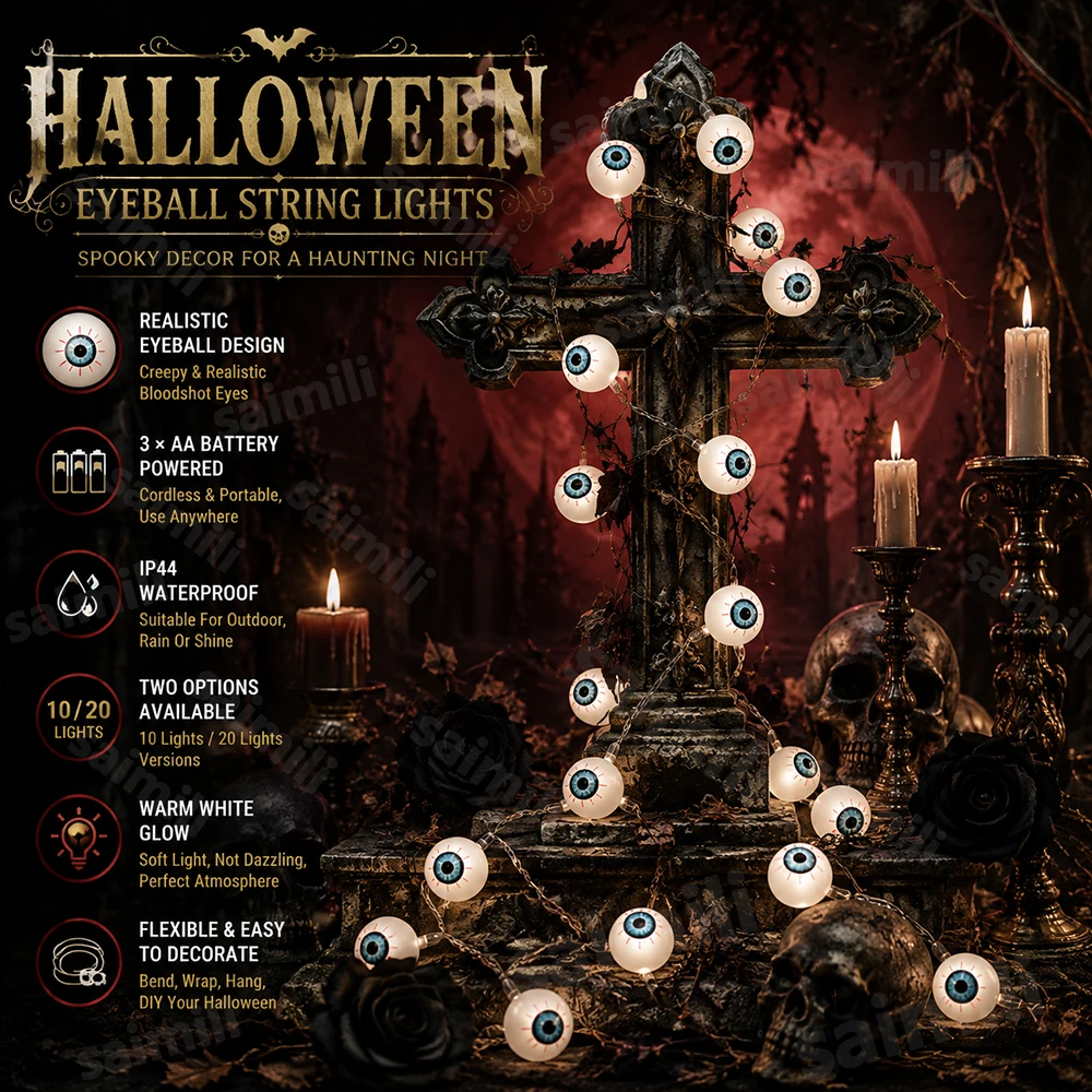Halloween Spooky Eyeball Shape String Light Battery Powered Waterproof Hanging Light For Home Window Balcony Holiday Party Decor