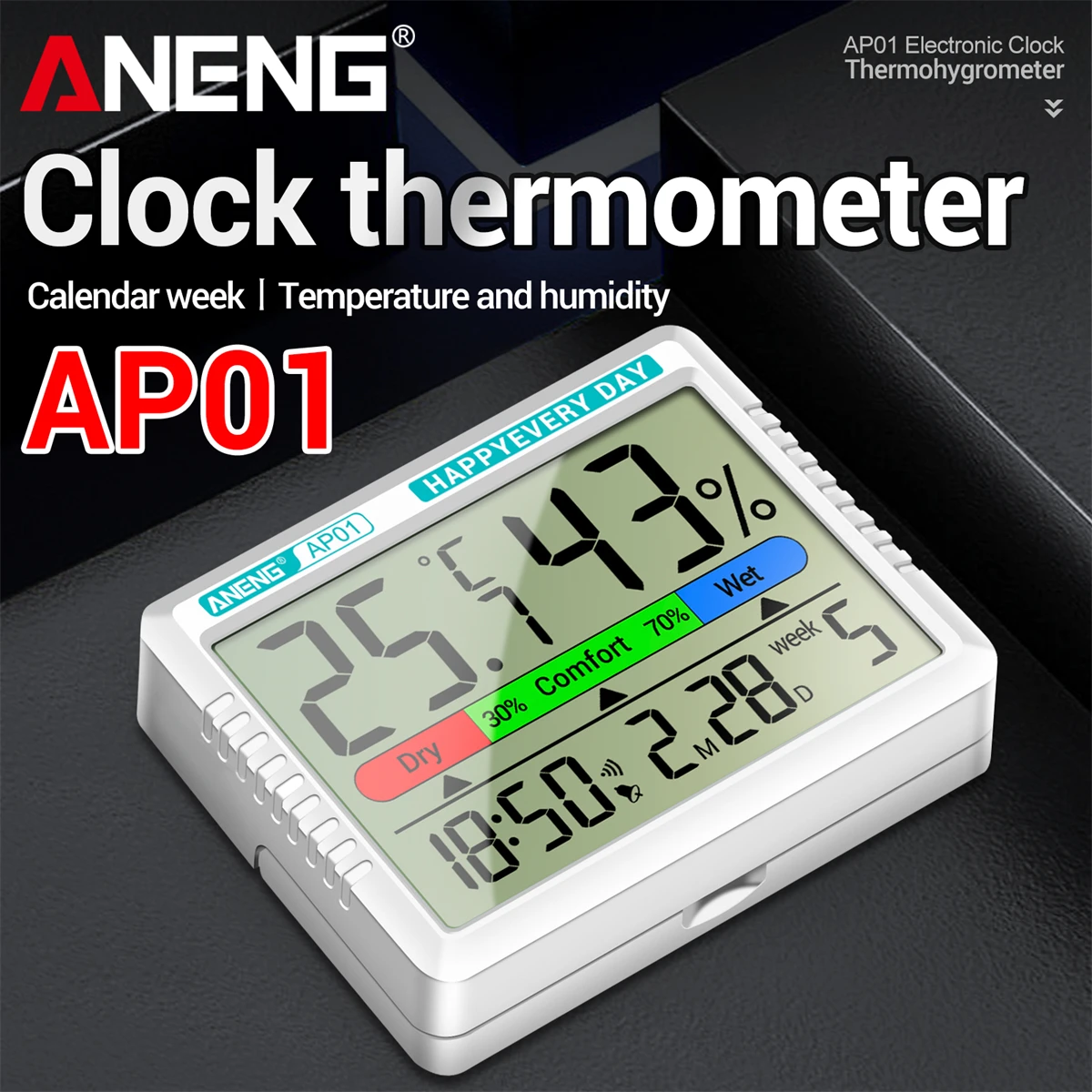 Portable ANENG AP01 Thermohygrometer Digital Indoor Temperature Humidity Monitor Clock Alarm Dual Placement Home Office Tool