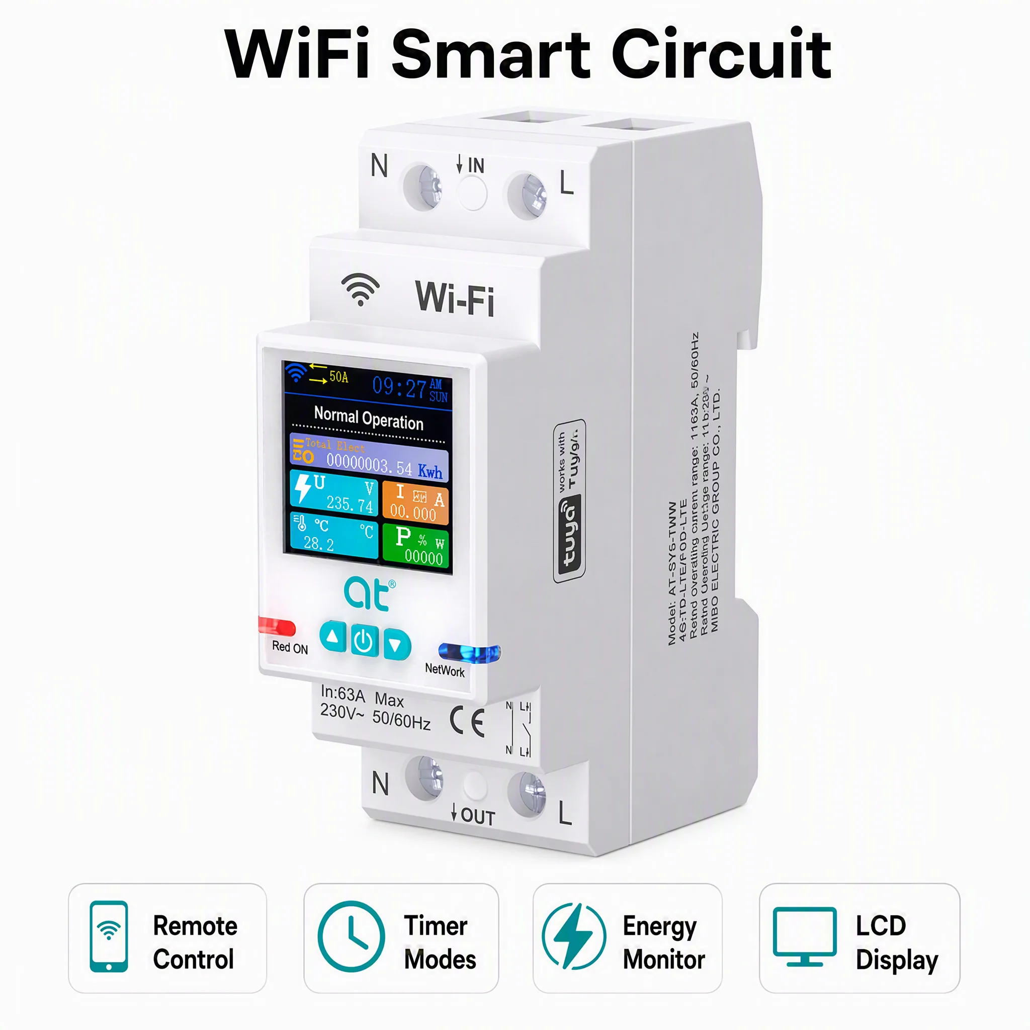 Tuya WiFi Smart Switch 1P 63A Wireless Remote Control Smart Home Smart Circuit Breaker with LCD Display by smart life APP