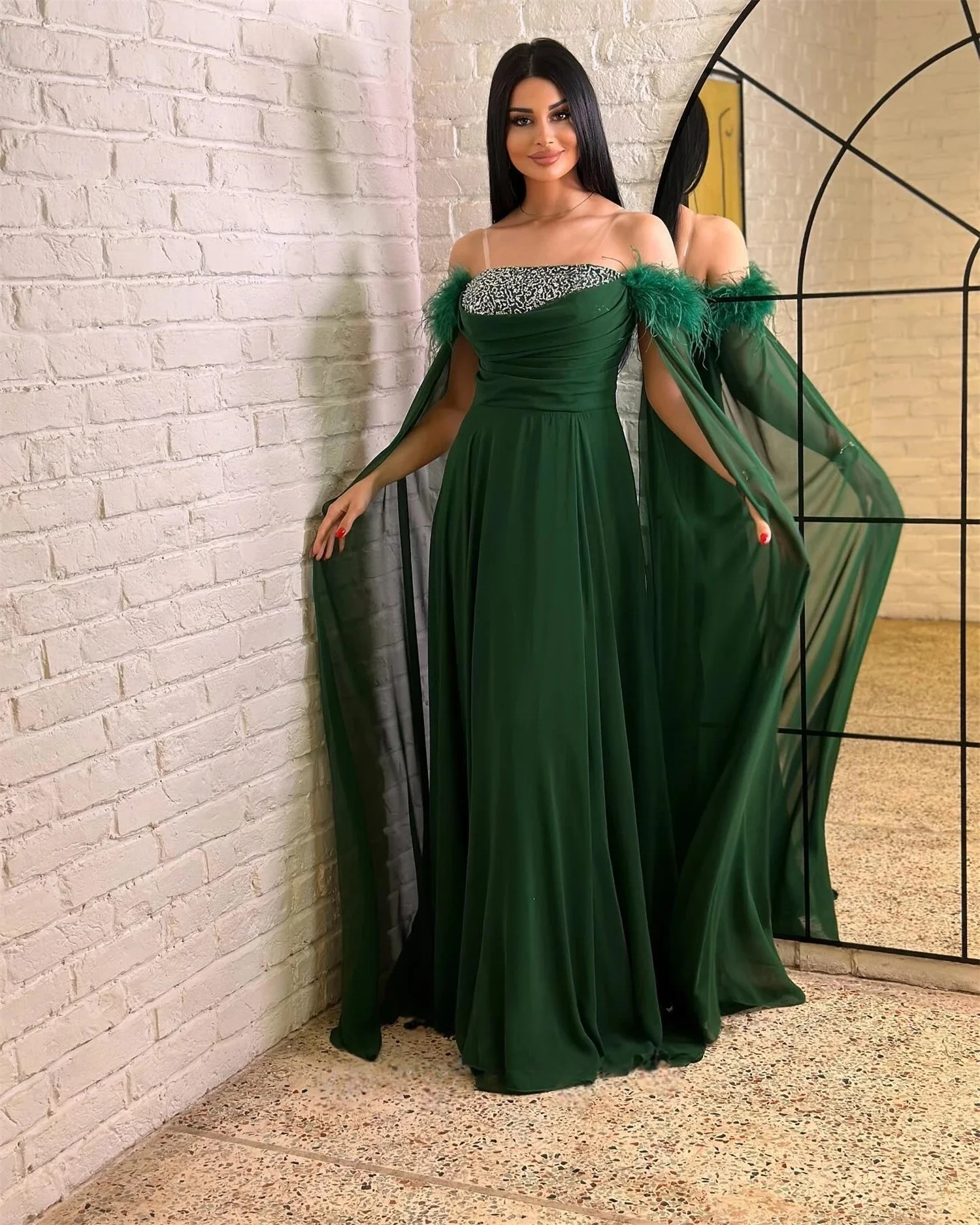 

Green Chiffon Beaded Long Bespoke Occasion Gown Evening Dresses Pastrol Unisex Jersey Retro Dubai Saudi Arabic Prom Customized