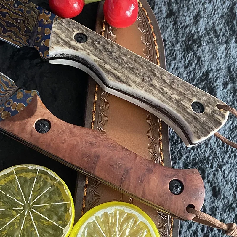 Damascus Steel Fixed Blade Knife Deer Antler / Cherry Blossom Handle Collection Straight Hunting Knifes With Leather Case