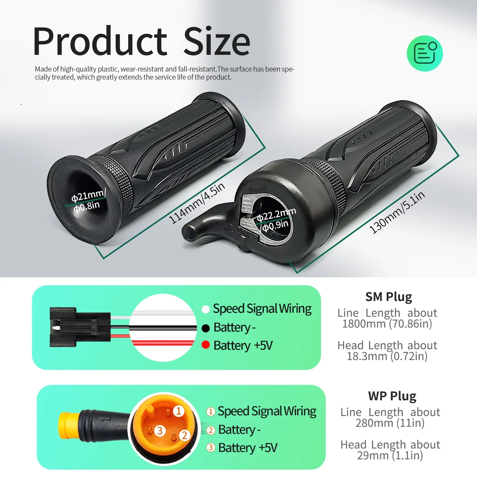 Right handle throttle full twist throttle 24V 36V 48V 60V 72V, with 3-pin waterproof/SM connector, suitable for electric bicycle