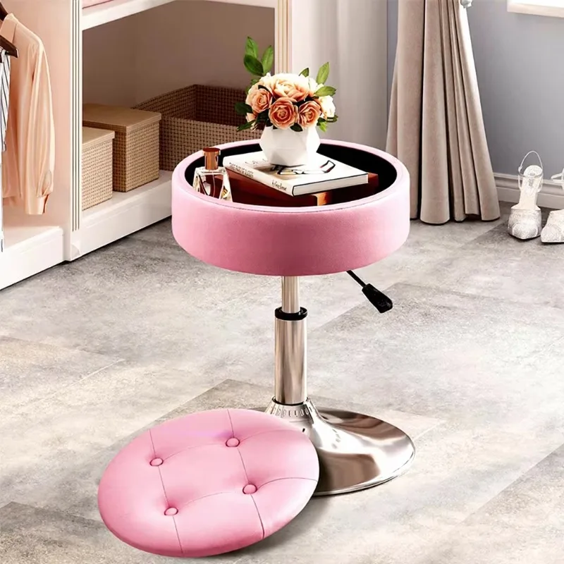 Adjustable Height Vanity Stool with Storage, 360 Swivel Synthetic Leather Makeup Stool, Modern Round Beauty Stool for Bedroom