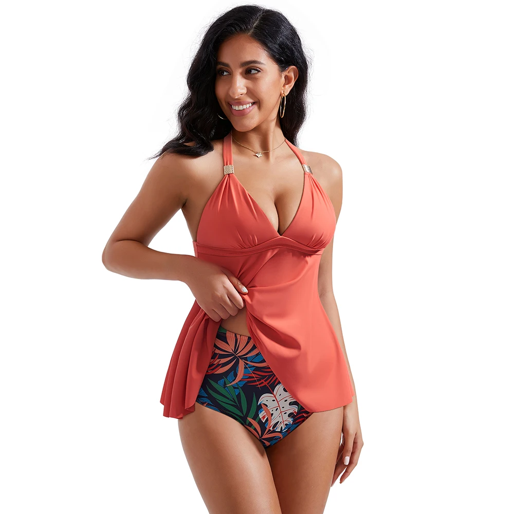 النساء الرسن Tankini المايوه حجم كبير البطن تحكم ملابس السباحة مثير العميق الخامس الرقبة مجموعة البكيني ملابس السباحة لباس سباحة الإناث