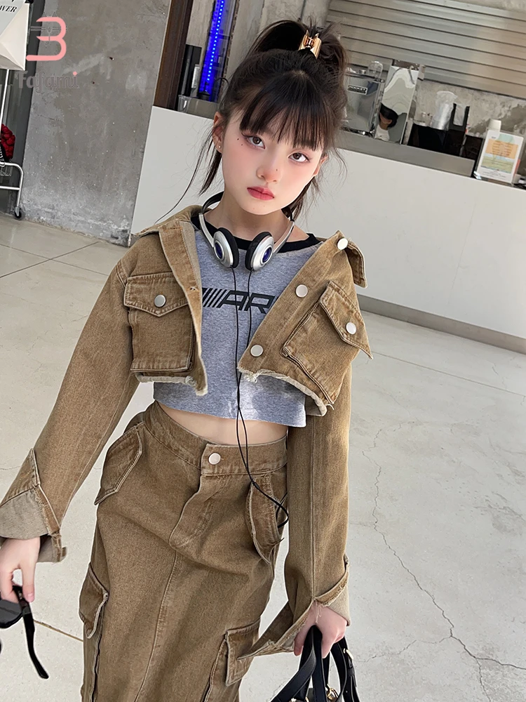 New Chic Kids Clothes Girls Flap Pock Raw Cut Short Jackets & High Waist Slit Denim Skirt Button Front Stylish Girls Outfit Sets