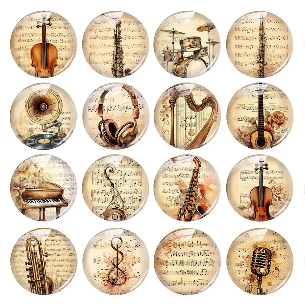 Random Mixed Round/Oval/Square Vintage Musical Instrument Photo Glass Cabochon Flatback Demo Cameo For Diy Jewelry Making