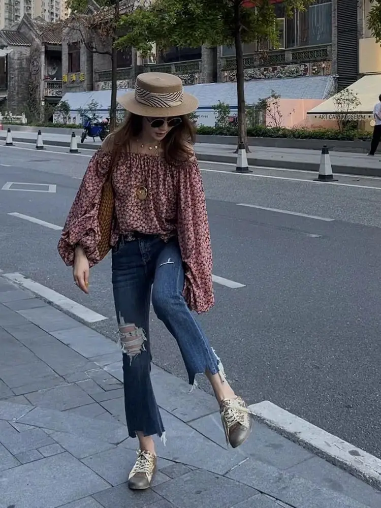 French Pink Floral Chiffon Shirt for Women\'s Spring and Autumn Temperament New High-end Chic One Shoulder Casual Blouses Shirts