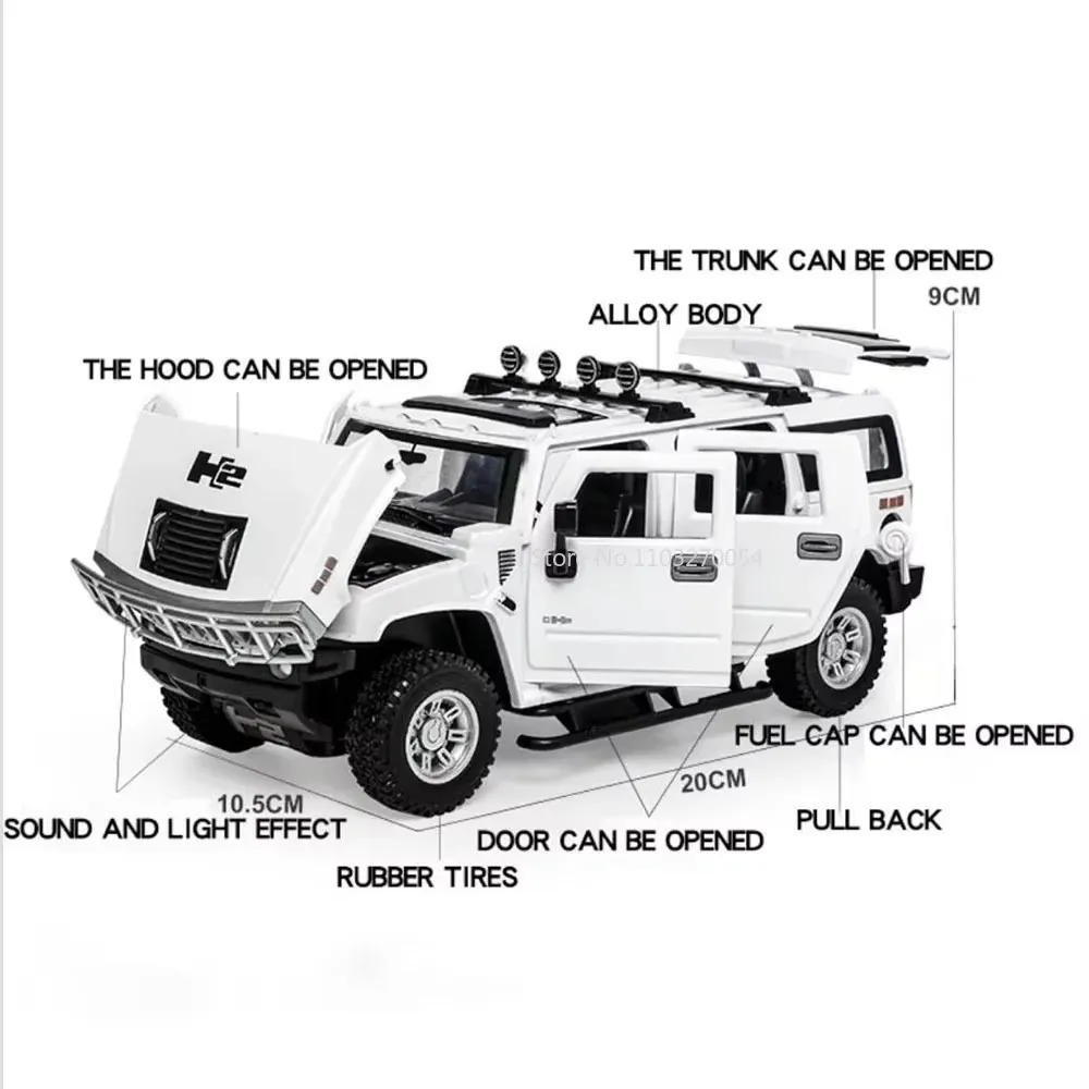 Modelo de coche de juguete de policía H2, aleación fundida a presión, 6 puertas abiertas con luz de sonido, Tire hacia atrás, neumático de goma, vehículos todoterreno, regalos para niños, 1/24