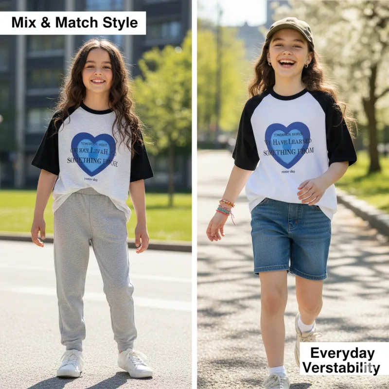 

Y2K Letter Printed Tops & Tees Heart Girls Cotton Raglan Sleeve T-Shirt Color Block Print Tee Casual Summer O-Neck Big Kids Top