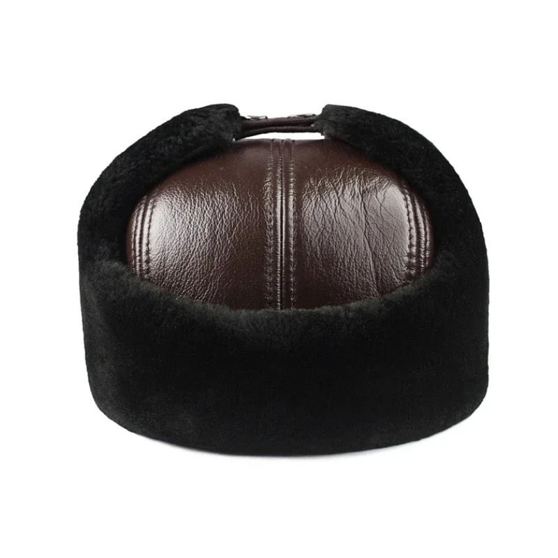 Male Winter Warm Ear Protection Bomber Hat Man Genuine Leather Faux Fur Military Cap Inside Black Brown 55-60cm Flat Roof Caps