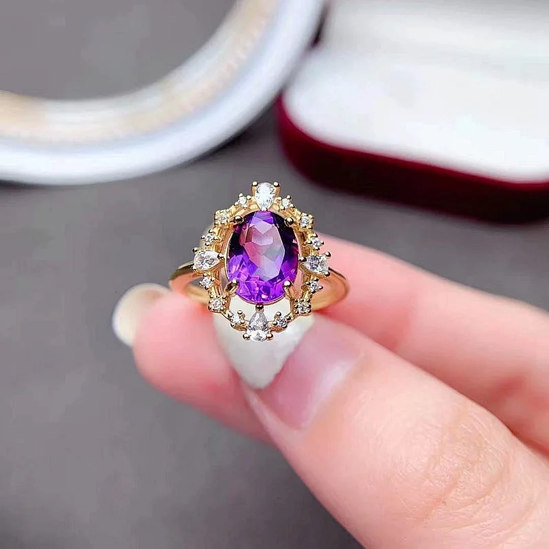 

FS Fashion Women's Amethyst Ring S925 Sterling Silver Natural Gem Fine Weddings Jewelry MeiBaPJ