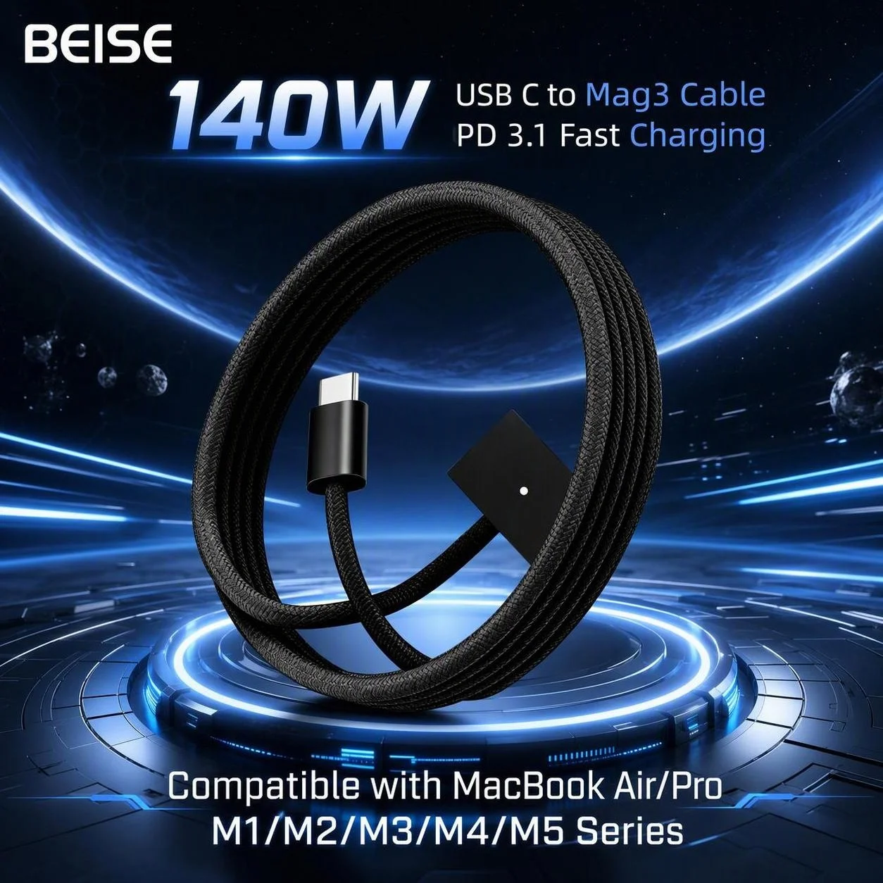 PD 140W USB-C to Mag3 Connector Charging Cable, 2M Braided Fast Charge Wire for MacBook Pro Air M1 M2 M3 M4 M5 Series