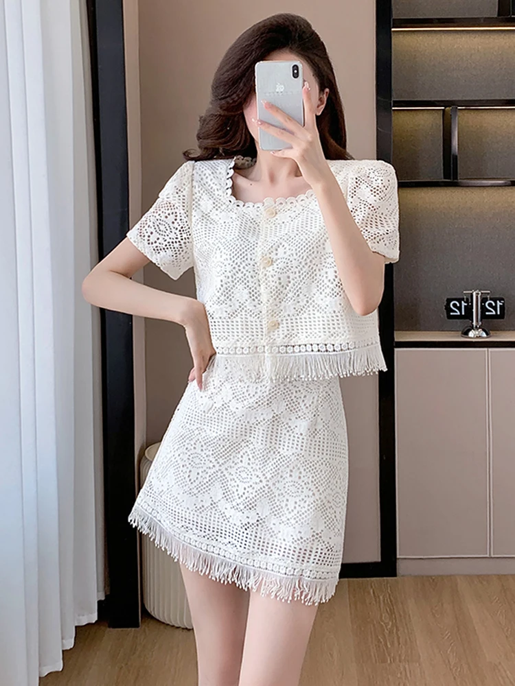 

Chic Summer Lace Two Piece Set Elegant Women Square Colla Hollow Out Flower Tassel Crop Tops + Bodycon Slim Long/Mini Skirt Suit