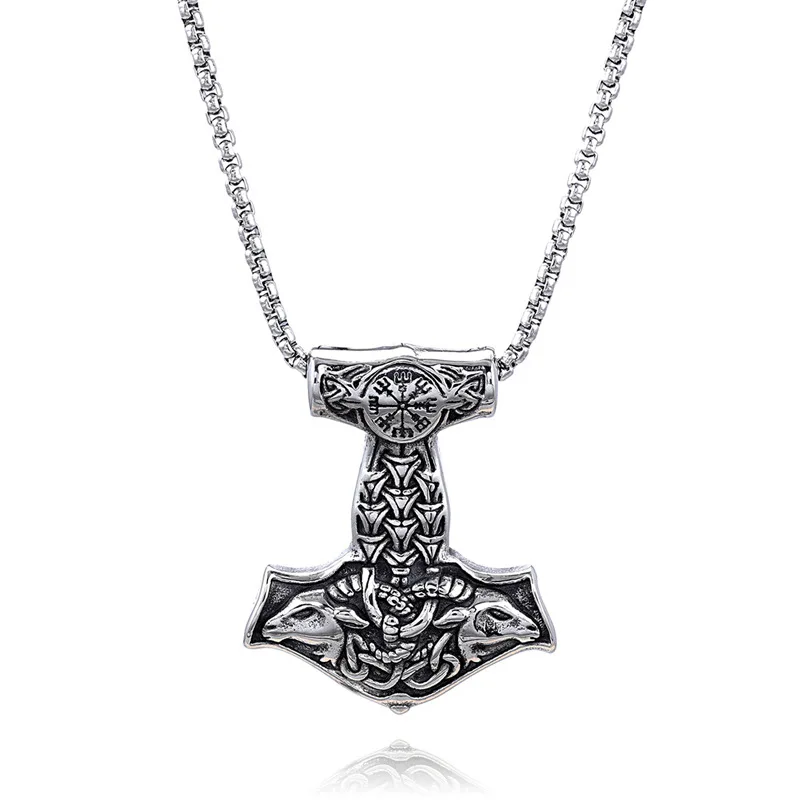 Retro Punk Nordic Mythology Ax Compass Double Sheep Head Pendant Necklace Men's Personalized Gothic Trendy Cool Jewelry