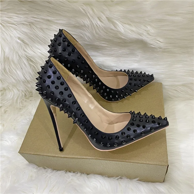 Black Spikes Women Pointed Toe Stilettos Sexy High Heels Rivets Ladies Slip-on Pumps Night Club Shoes 12/10/8cm Optional