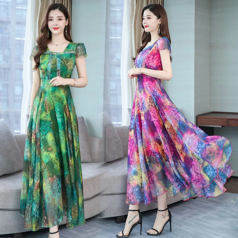 

2022 New Chiffon Dress Women Summer Dress Fashion Casual Short Sleeve Elegant Dress Lady Round Neck Floral Dress Vestido Dress