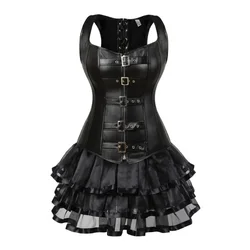 Steampunk Lace Up Back Waist Trainer Body Shaper Buckle Bustier Overbust Corset Dress Faux Leather Corsets Mini Skirt Tutu Plus