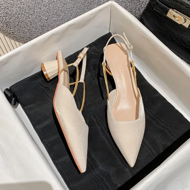 Women Baotou High Heel Sandals Summer New Fashion Office Work Pointed Toe Thick Heel Thick Heel Beige High Heel Sandals