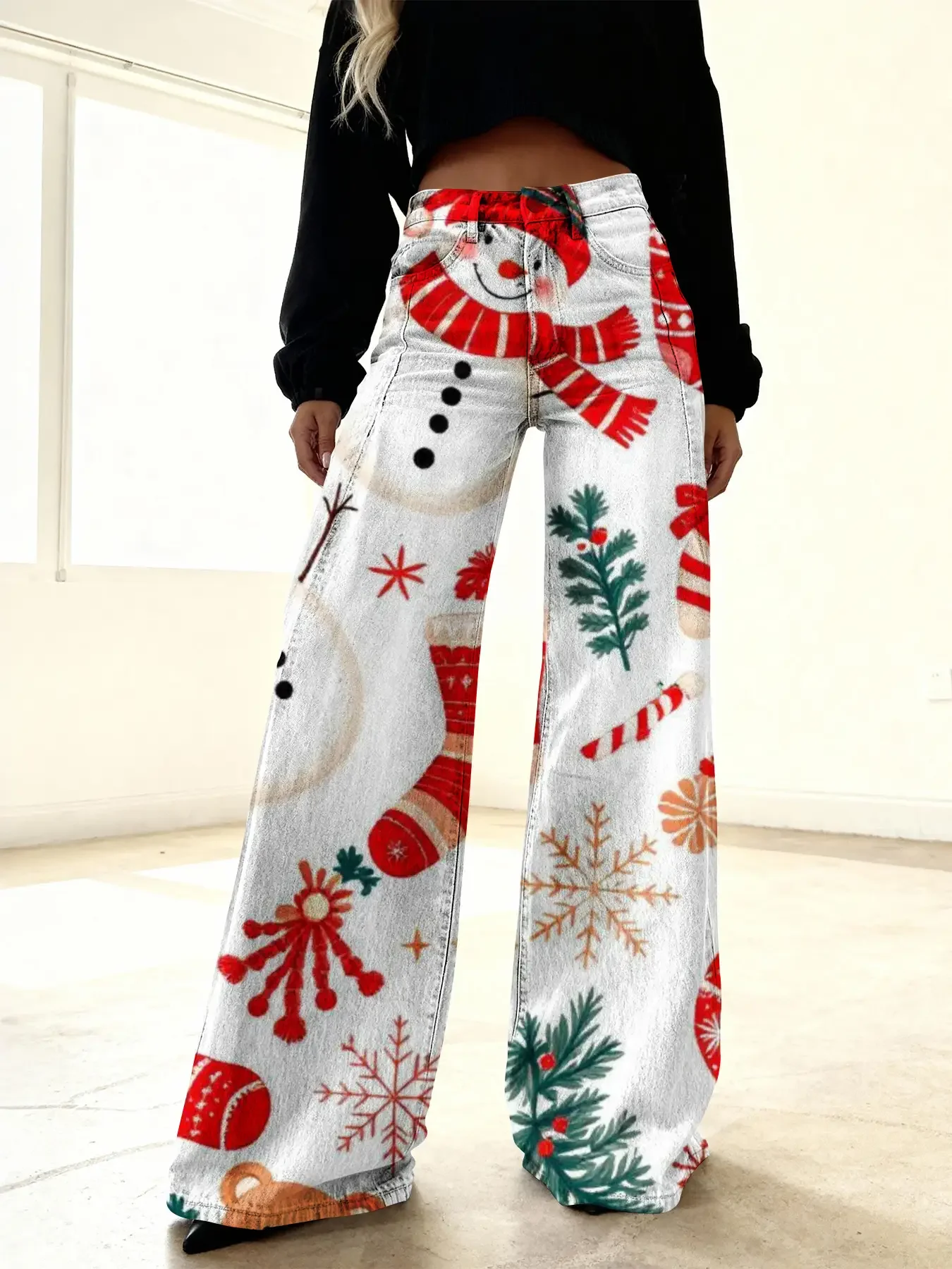 Ladies' new Christmas printed jeans made of imitation denim fabric, casual and fashionable, featuring a variety 