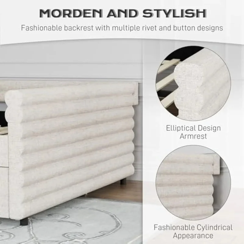 سرير نهاري منجد بالحجم الكامل مع دولاب ومسند ظهر، ودعم شريحة خشبية، ونسيج كتان، وحجم مزدوج #4