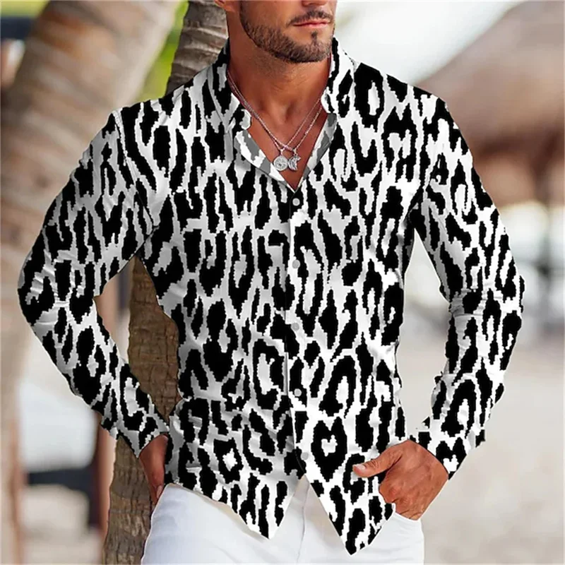 2023 new men\'s shirt leopard pattern lightened white casual long-sleeved button top clothing fashion design is comfortable S-6XL