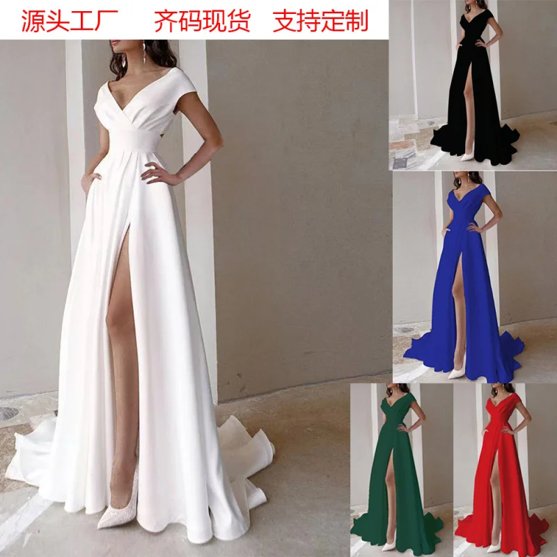 

2025Off-Shoulder Ruffle Red Black White Mid-Waist Solid Color Elegant Commuter Long Dress Evening Gown