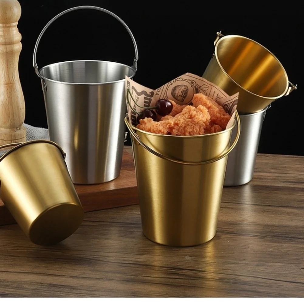 Stainless Steel Small Metal Bucket Golden Silver Ice Fries Container With Handle For Bar Cafe Home Party Decoration