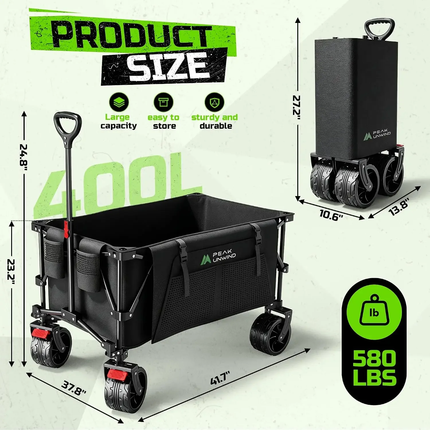 400L Folding Wagon Cart with Brakes & Removable Table, 580lbs Heavy Duty Collapsible Wagon, Big All-Terrain Wheels