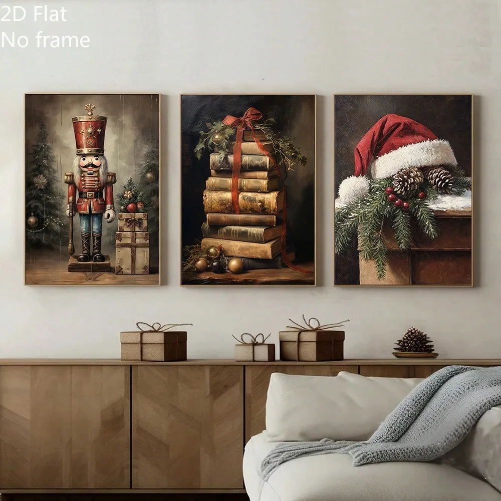 3pcs Frameless Santa Claus Book,Christmas Hat,Retro Christmas Holiday Poster,Dark Academic Style Melancholy Celebr Canvas Print