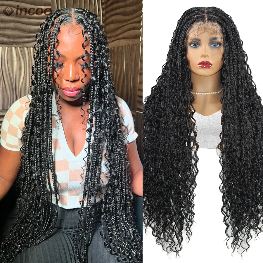 

Locs Goddess Synthetic Boho Braided Wigs Knotless Box Braids Cornrows Braids With Curls Full Lace Braided Wigs For Black Women