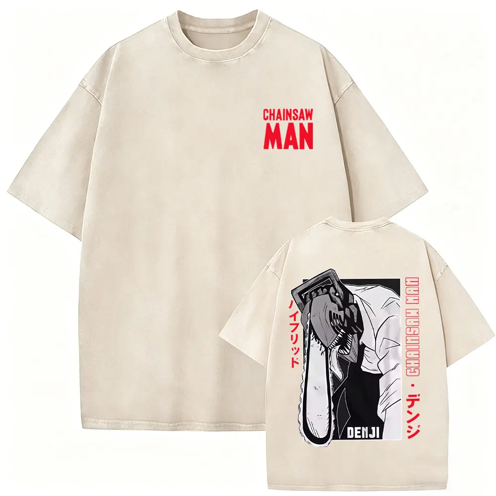 Washed Vintage Anime Chainsaw Man Denji Pochita Graphic T Shirt Men Women Clothing Manga Casual Oversized Short Sleeve T-shirt