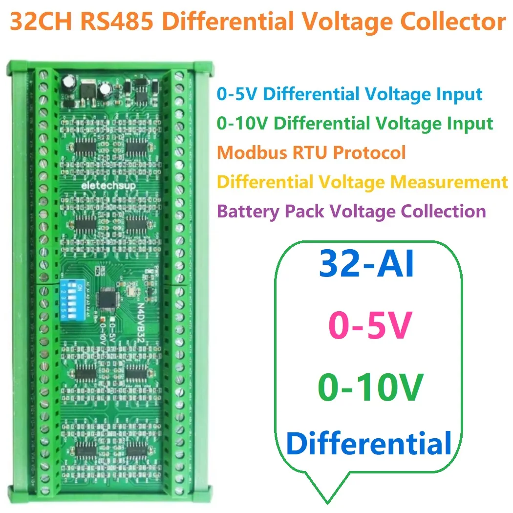 

RS485 Modbus Analog Collector DC 12V 24V for PLC HMI Battery Pack Paperless Recorder 32CH 0-5V 0-10V Differential Voltage Input