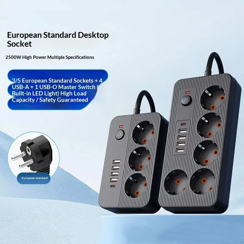 EU Plug 1.8M Power Strip with USB Type C Ports Multi AC Outlets Extension Cord for Business Trip Portable Power Supply
