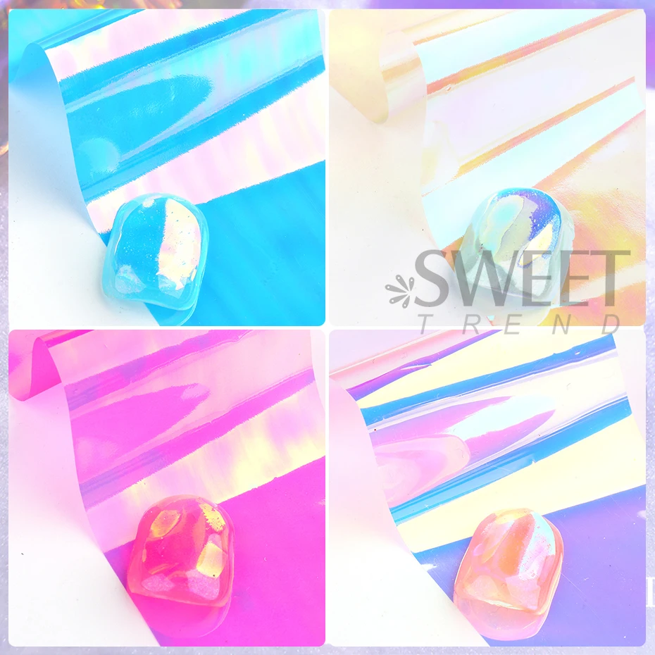 Filme holográfico aurora, 8 peças, folhas de vidro para unhas, cubo de gelo brilhante, papel de transferência, sliders de celofane, cobertura completa, decoração de manicure