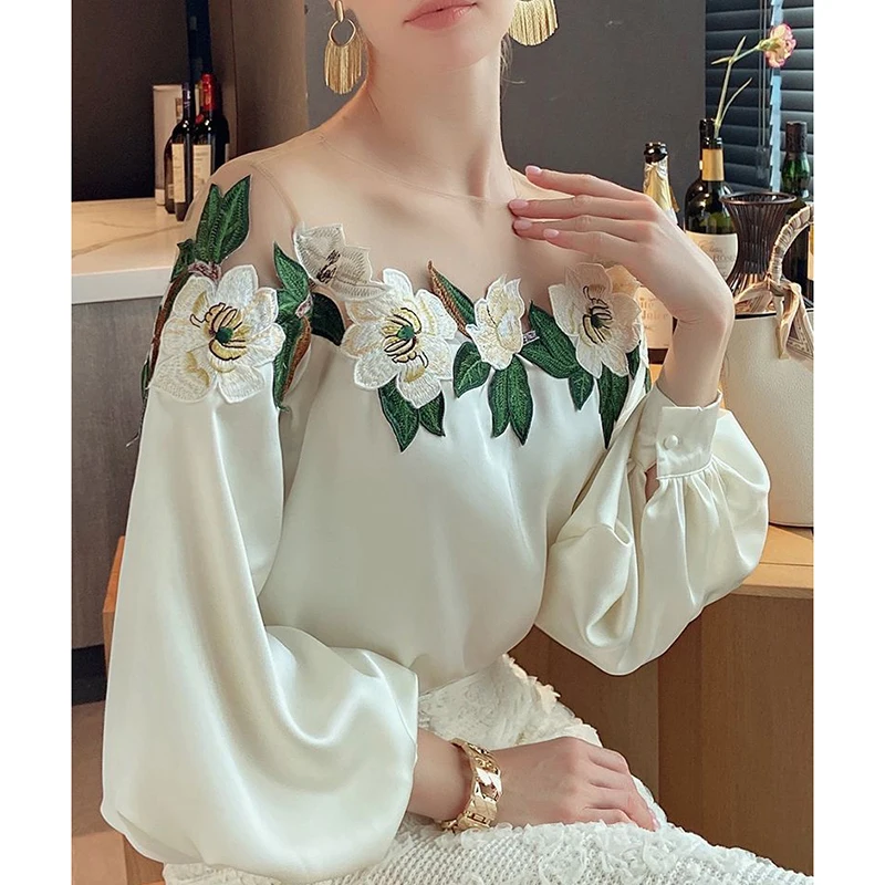 Vintage Embroidered Shirt Elegant Mesh Patchwork Satin Blouse O-neck Tops Spring Autumn Long Lantern Sleeve Women Clothes 24976