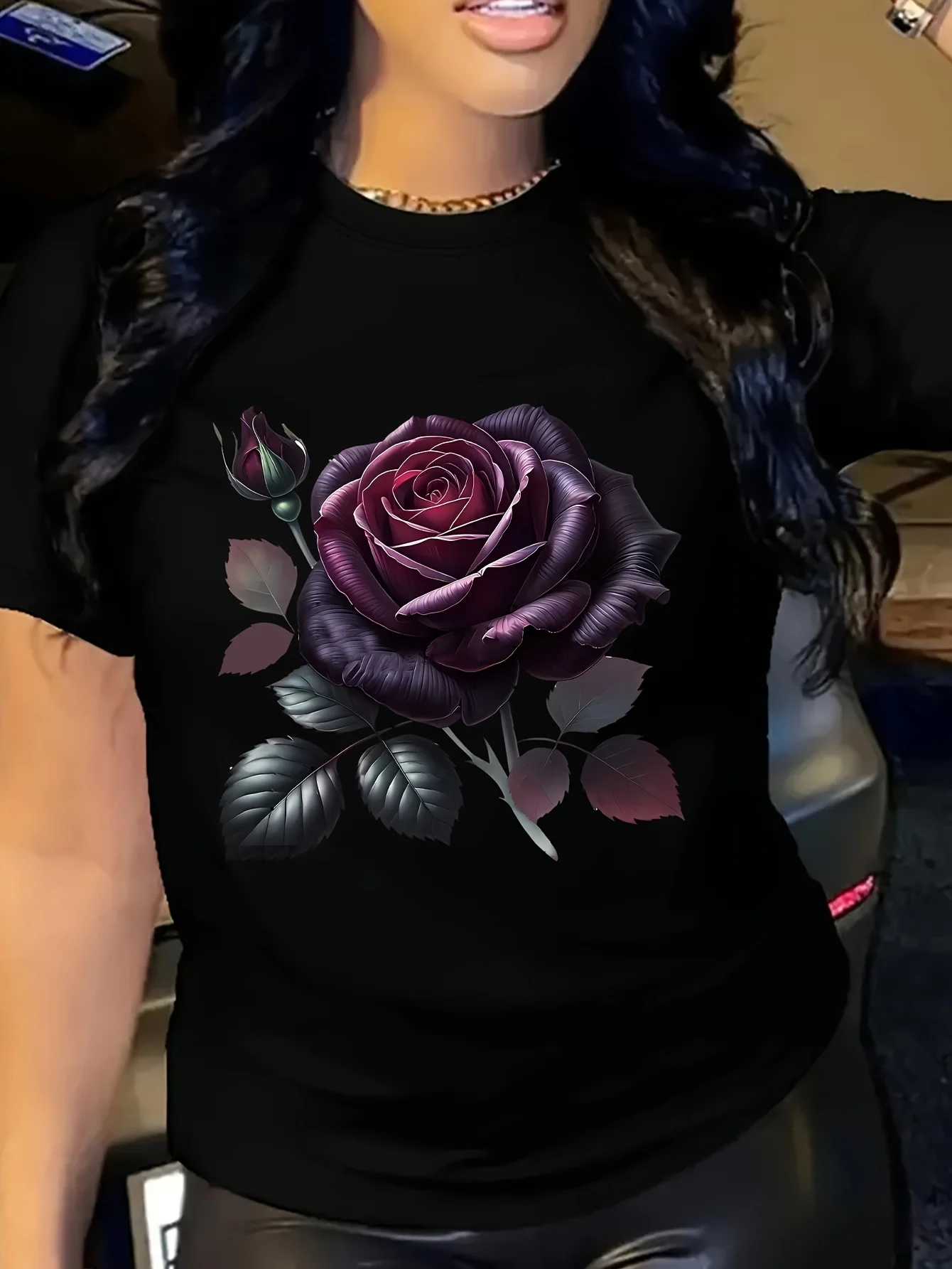 Women'S Casual Crew Neck T-Shirt, Polyester Blend, Knit Fabric, Regular Length, with Black Rose Graphic Print, for All Seasons