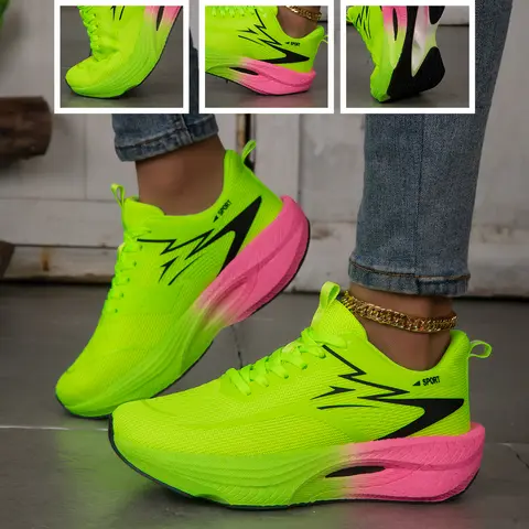 Women Color Block Platform Running Sneakers Breathable Flying Weave Mesh Lightweight Cushioned Non Slip Lace Up Gym Jogging Outdoor Daily Casual Athletic Sports Footwear 2026 New