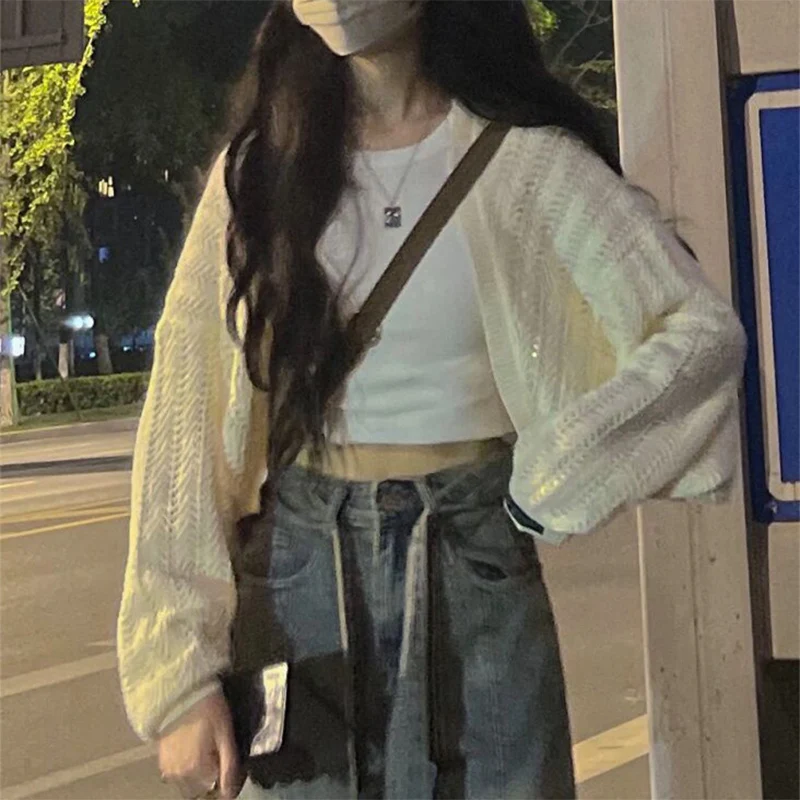 秋の新作Y2Kシュラッグロングスリーブカーディガン レディース 韓国ファッション ホローアウトニットコート 原宿系 ルーズ 軽量ショールトップス