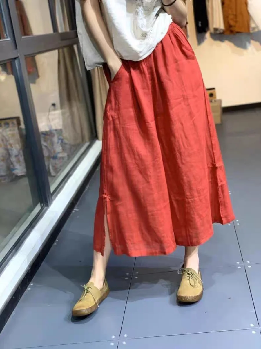 New Chinese Sle Wide Leg Pants Women's Summer Casual Vintage Cotton Linen Split High Waist Nine Points Skirt Pants