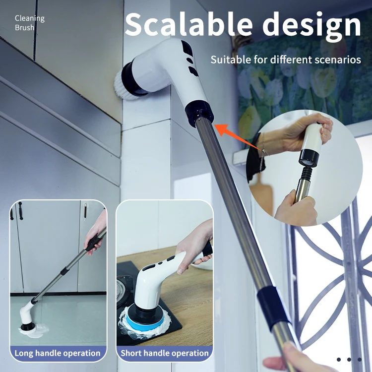 แปรงขัดทำความสะอาดไฟฟ้าแบบหมุนด้ามยาว พร้อมหัวแปรงเปลี่ยนได้ 8 หัว สำหรับทำความสะอาดห้องน้ำ ห้องครัว และพื้น