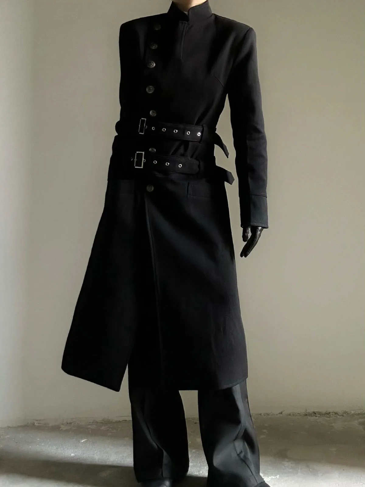 British Style Men Long Suit Jacket 2026 Autumn Fashion Retro Double Waistband Design Stand Up Collar Single Breasted Blazer