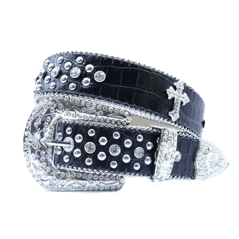 Fashion Punk Men Women BB Western Rhinestone Belt Bling Studded Sparkly y2k PU Leather Belt